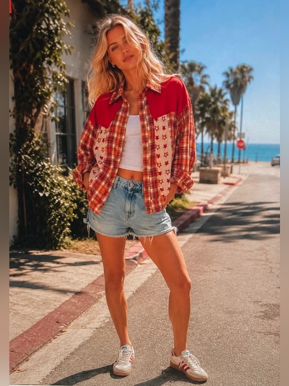 POL Red and Plaid Star Patchwork Button-Up Shirt Jacket